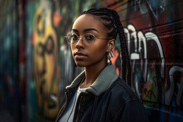 Beautiful African teenager girl with dreadlock ponytail. Young lady posing on urban graffiti fence....