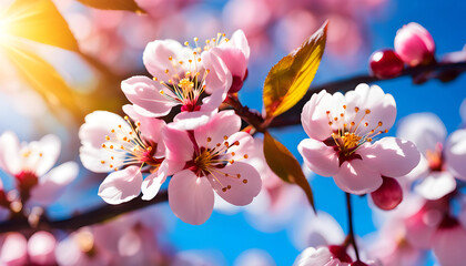 Lush sakura flowers blooming in spring, cherry blossoms for the holiday,