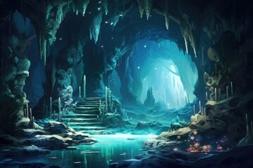 Fantasy landscape with cave and water, 3d rendering, Computer digital drawing, Lost kingdom of Atlantis concept, underwater ruins.
