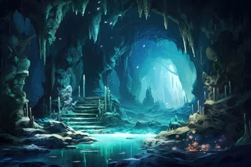 Foto auf Glas Fantasy landscape with cave and water, 3d rendering, Computer digital drawing, Lost kingdom of Atlantis concept, underwater ruins. © Jahan Mirovi
