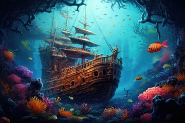 Naklejka premium Underwater scene with pirate ship and coral reef, 3D rendering, Ocean underwater landscape with sunken sailing ship, seaweed and reef, Sunken pirate ship on sea