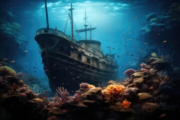 Beautiful underwater world with coral reef and shipwreck, 3d rendering, Sunken ship at the bottom of the ocean, Sunken pirate ship in sea