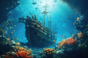 Beautiful underwater world with corals, fish and old ship, coral reef with fish and a shipwreck at the bottom in the blue sea. Underwater landscape, a shipwreck at sea - obrazy, fototapety, plakaty