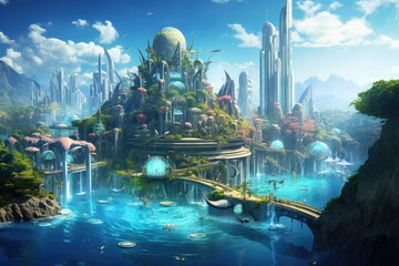 Fantasy alien planet, Mountain and sea, 3D illustration, Extraterrestrial pc game backdrop, Fantasy...