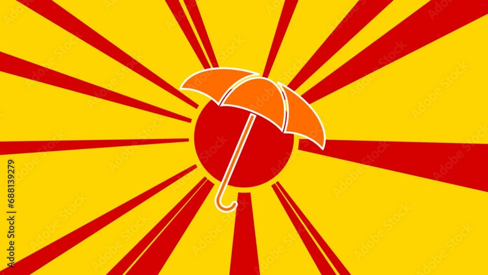 Poster umbrella symbol on the background of animation from moving rays of the sun. large orange symbol incr