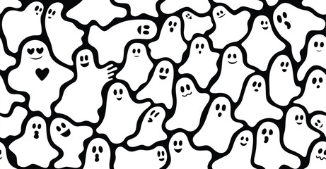 Seamless Cute Ghost Pattern Black and White, Gummy Shaped Abstract Doodle Design