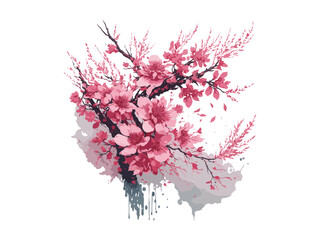 WatercolorVector branch with spring flowers watercolor tree branch detailed hand drawn clip art element. Generative AI.
