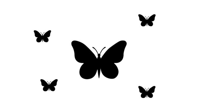 Zoom in and out animation the butterfly symbol. Large black symbol in the center and four small symbols around. Seamless looped 4k animation on white background