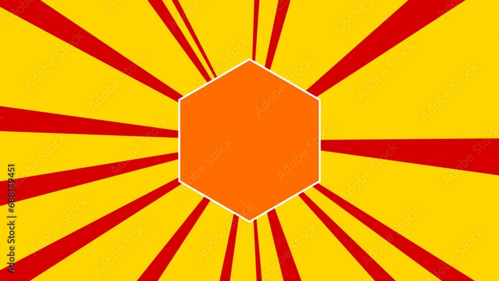 Poster hexagon symbol on the background of animation from moving rays of the sun. large orange symbol incre