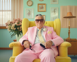 Older man boss sitting on the armchair with broken phone around him. Angry aged mafia man.