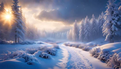 Foto op Aluminium Calming winter landscape with snowfall and blizzard, beautiful photo wallpaper, winter theme, Christmas theme, © Perecciv