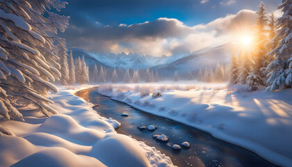 Calming winter landscape with snowfall and blizzard, beautiful photo wallpaper, winter theme, Christmas theme,