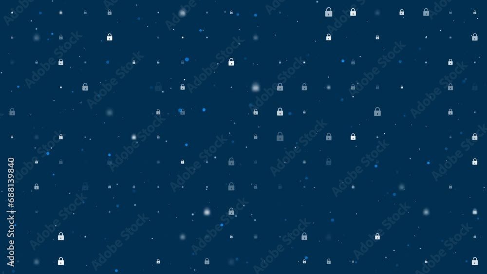 Poster template animation of evenly spaced padlock symbols of different sizes and opacity. animation of tra