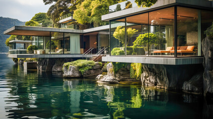 Fototapeta premium Luxurious mansion with terrace by a lake