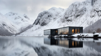 Modern cabin by a lake in winter with a snowy landscape