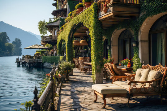 Luxurious mansion with terrace by a lake