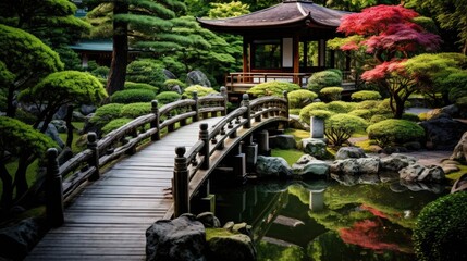 A picturesque Japanese garden with a red bridge over a koi pond, surrounded by vibrant greenery and the serene ambiance of a traditional pavilion.