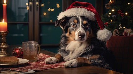 cute dog sitting beside table and Christmas tree with bokeh light and baubles decorated on it, cute funny dog pet in Xmas eve, Generative Ai