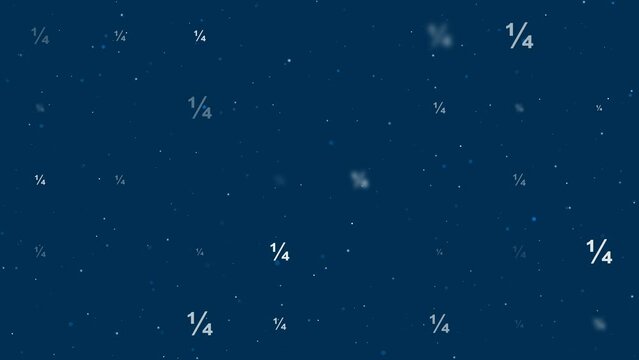 Template animation of evenly spaced quarter fraction symbols of different sizes and opacity. Animation of transparency and size. Seamless looped 4k animation on dark blue background with stars