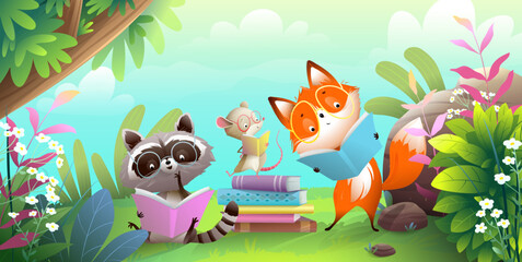 Cute animals reading book or studying in the forest landscape. Kids library illustration for education and study, funny animals reading books cartoon, Vector fairytale jungle in watercolor style. - 688140265