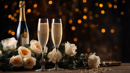 Obraz premium Festive background with two glasses of sparkling wine standing among cream roses against gold bokeh background. Anniversary, romantic date, party banner template with copy space for text