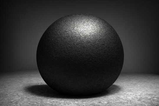 Metal ball or sphere on a dark volumetric background. Solid metal figure