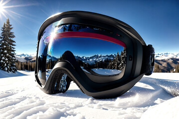 A ski mask or goggles lies on the snow high in the mountains. Skiing and recreation - obrazy, fototapety, plakaty