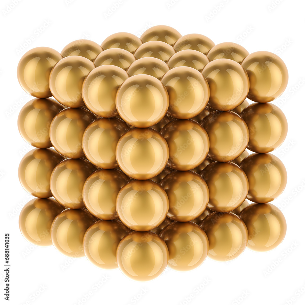 Poster cube from golden magnetic balls. 3d rendering isolated on transparent background