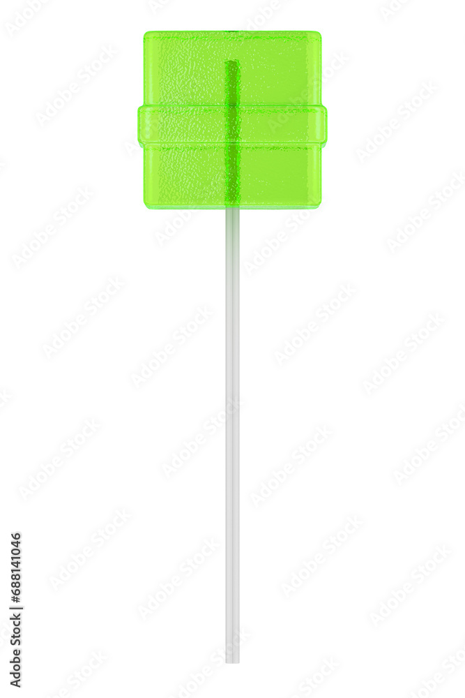 Poster green lollipop, cube-shaped. 3d rendering isolated on transparent background