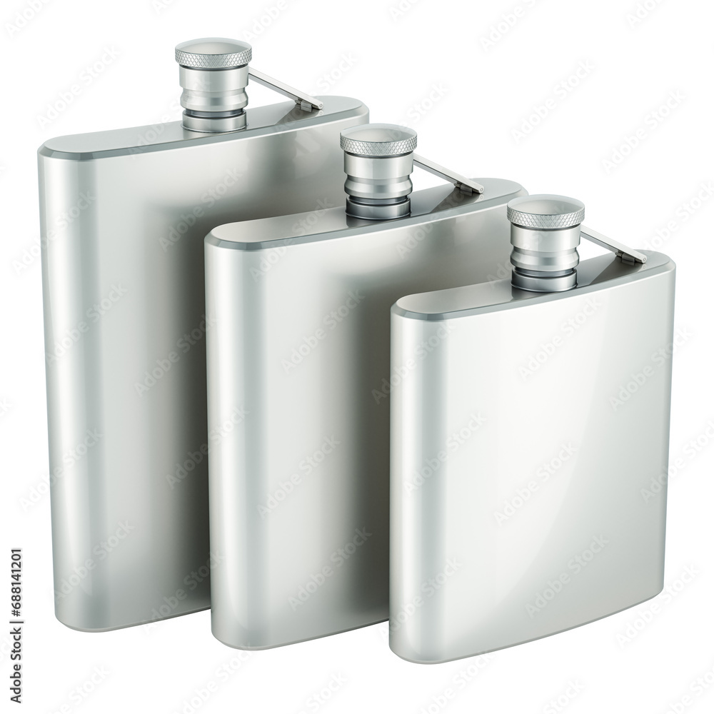 Poster set of silver hip flasks, 3d rendering isolated on the transparent background