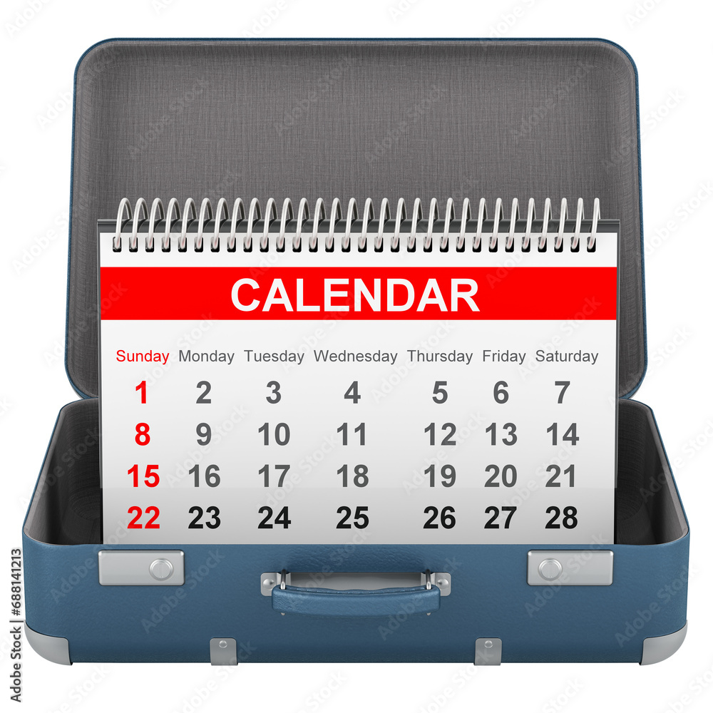 Poster suitcase with desk calendar inside. travel calendar concept, 3d rendering isolated on transparent ba