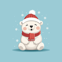 A 2D Cartoon Art of a Happy Polar Bear wearinf santa's hat and red scarf, Brimming with Christmas Cheer - Cute, Minimalistic, and With No Background for Effortless Inclusion in Your Festive Designs.