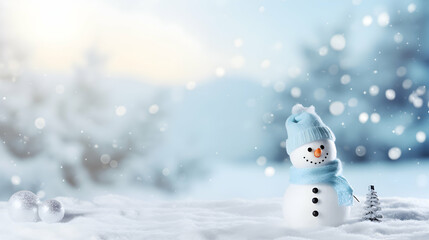 Naklejka na ściany i meble Snowman in a cap and a scarf for winter concept copy space banner foe discount winter sale 