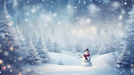 Winter concept  Panoramic view of happy snowman in winter scenery with copy space