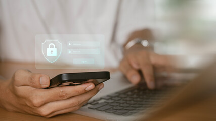 The concept of cyber security and online password login. hands typing and entering a social media username and password, log in online bank account or personal information, hacker for data protection