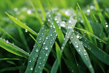 Grass blades background with dew drops