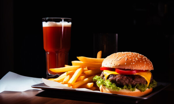 Hamburger with fries and drink on table. A hamburger and fries on a plate with a drink