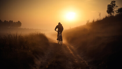 MTB trail of mountain biker at sunrise. A man riding a bike down a dirt road