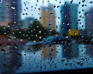 Raindrops on the glass on the background. Rain drops on a window with a city in the background