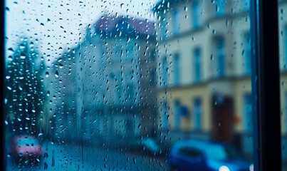 Raindrops on the glass on the background. A view of a street through a rain covered window