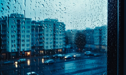 Raindrops on the glass on the background. A view of a city through a rainy window