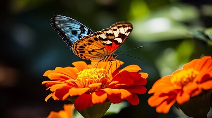 Fototapeta na wymiar An orange flower in the garden is home to a butterfly