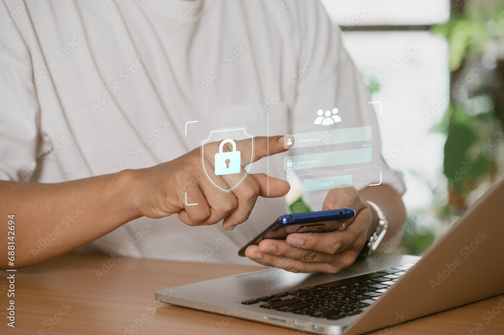 Aufkleber the concept of cyber security and online password login. hands typing and entering a social media us