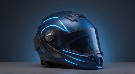 Fototapeta premium Dark blue motorcycle helmet, blue neon rays