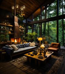 Fototapeta na wymiar Cabin in the woods with wood burning fire pit. A living room filled with furniture and a fire place