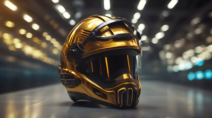 Gold motorcycle helmet with bokeh light background - obrazy, fototapety, plakaty