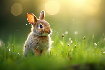 Cute fluffy little rabbit on a meadow grass field in the morning, happy bunny running in green garden with sunlight background, symbol of Easter festival day.