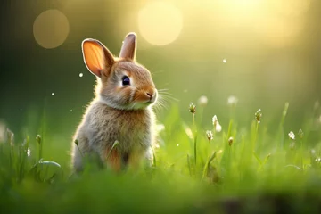 Photo sur Plexiglas Prairie, marais Cute fluffy little rabbit on a meadow grass field in the morning, happy bunny running in green garden with sunlight background, symbol of Easter festival day.