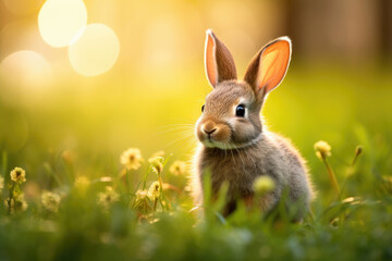 Cute fluffy little rabbit on a meadow grass field in the morning, happy bunny running in green garden with sunlight background, symbol of Easter festival day.