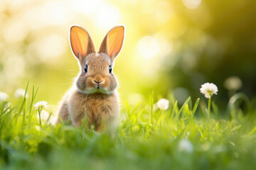Cute fluffy little rabbit on a meadow grass field in the morning, happy bunny running in green garden with sunlight background, symbol of Easter festival day. - obrazy, fototapety, plakaty